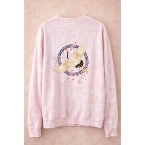 Y2K Pink Crane Embroidered Crewneck XL Soft Grunge Aesthetic